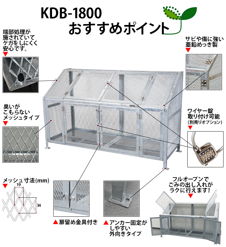 KDB-1800N メッシュごみ収集庫180 W185×D76×H112cm 900L 45Lごみ袋約20個 約13世帯 業務用大型ゴミ箱 ゴミステーション  屋外 大容量 グリーンライフ